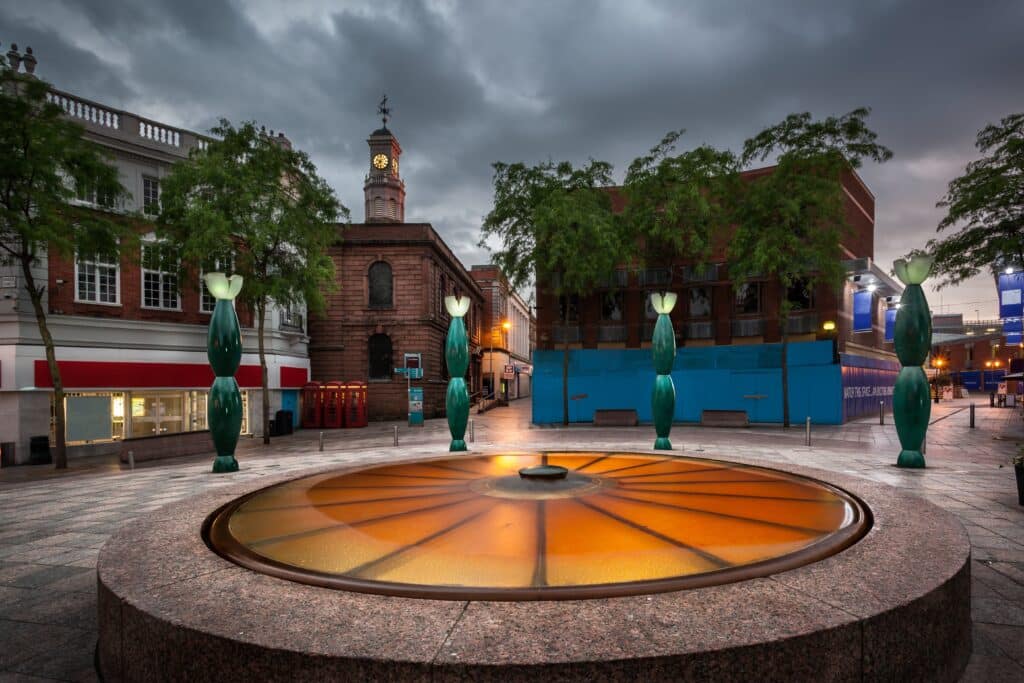 warrington town centre shot at dusk